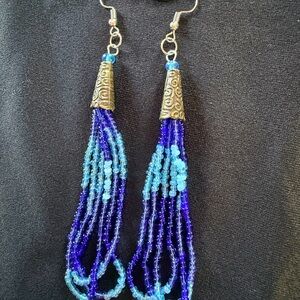 Handmade Blue Layered Beaded Tassel Earrings with Antique-Gold Cones